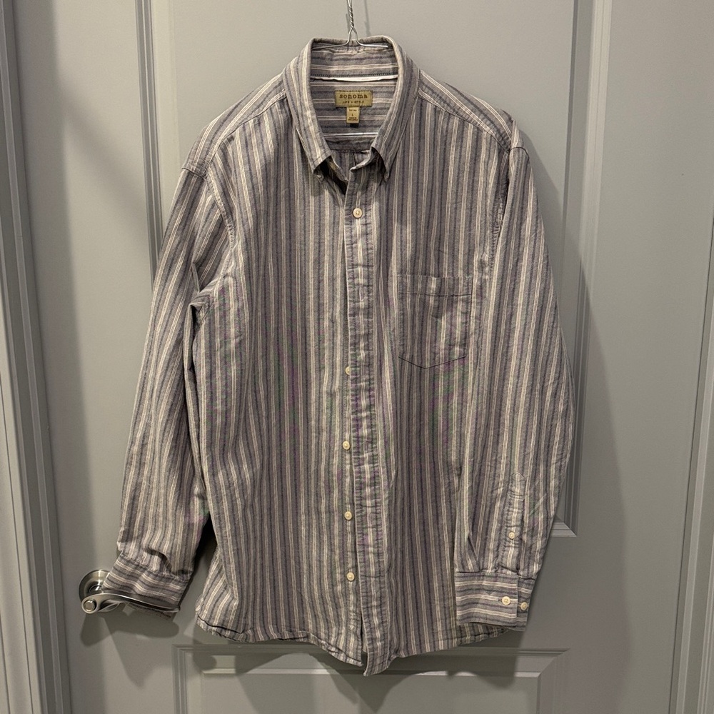 Sonoma Life & Style Men's Large Striped Button-Down Shirt - Gray Blue and White